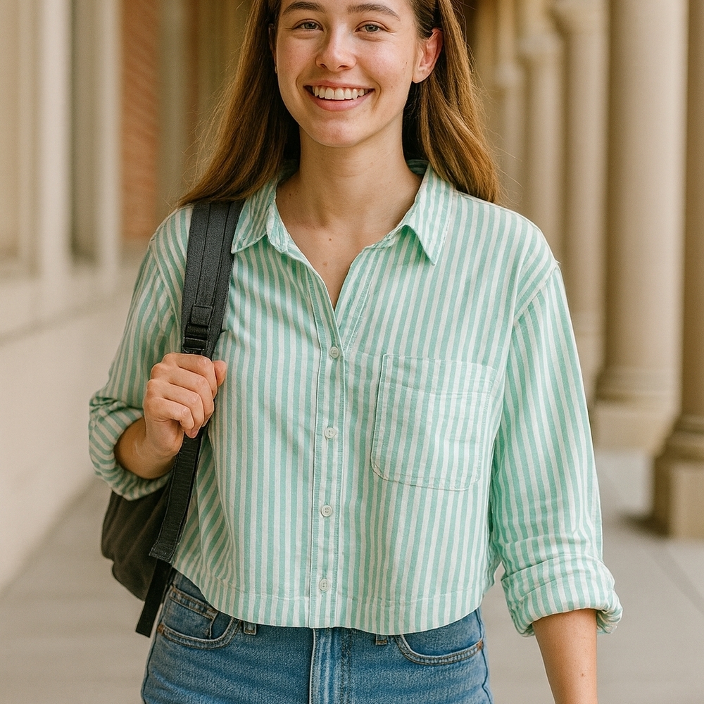 American Eagle Green Striped Button-Up Shirt